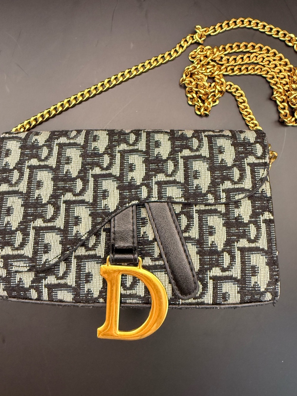 Monogram Black & Cream Crossbody Bag with Gold Chain and 'D' Accent